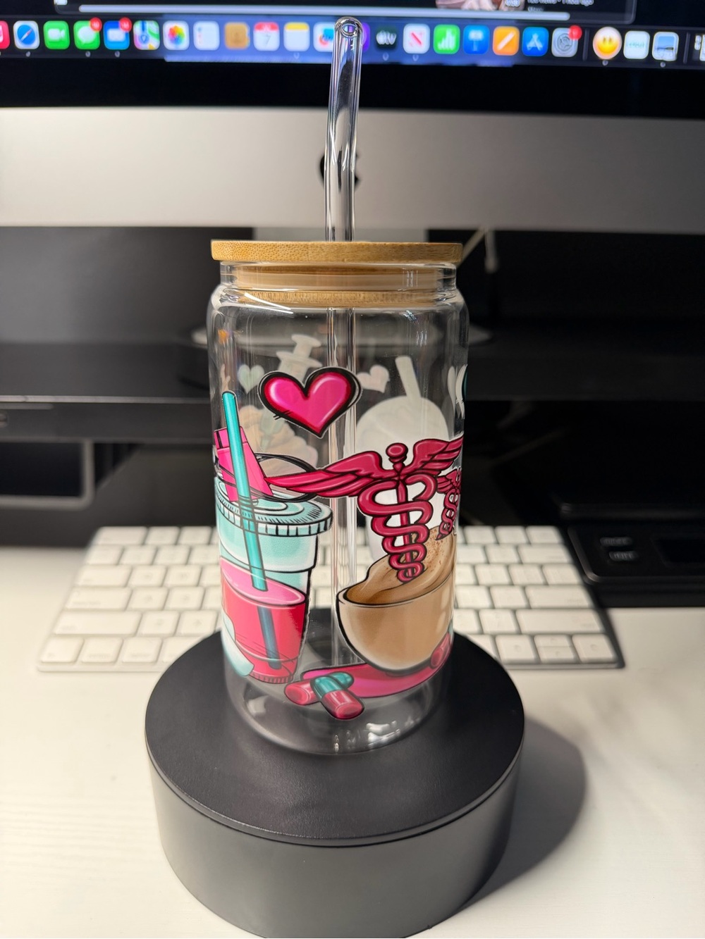 Clear Glass Tumbler With Pink Medical & Coffee Graphics